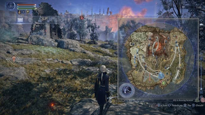 The Duchess looks at their map of Limveld which currently has the Shifting Earth: The Crater event active in Elden Ring: Nightreign