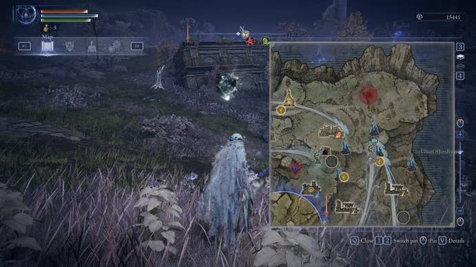 The Revenant has the map open in Elden Ring: Nightreign; a red circular icon on the map indicates the presence of a Walking Mausoleum