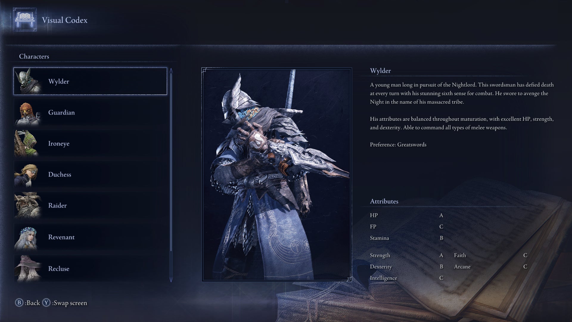 The Visual Codex entry for the Wylder is shown in Elden Ring: Nightreign - 3