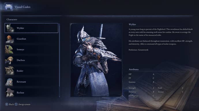 The Visual Codex entry for the Wylder is shown in Elden Ring: Nightreign
