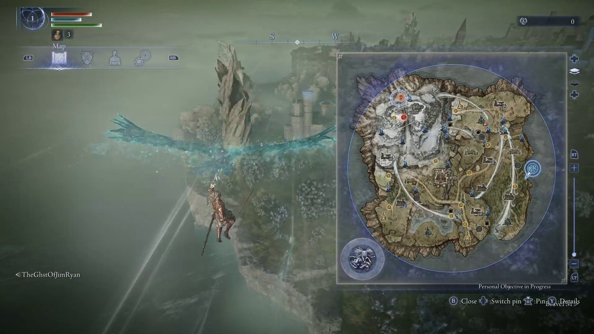 The Executor is flying into Limveld via Spectral Hawk while looking at the map - which has The Mountaintops Shifting Earth event active - in Elden Ring Nightreign - 3