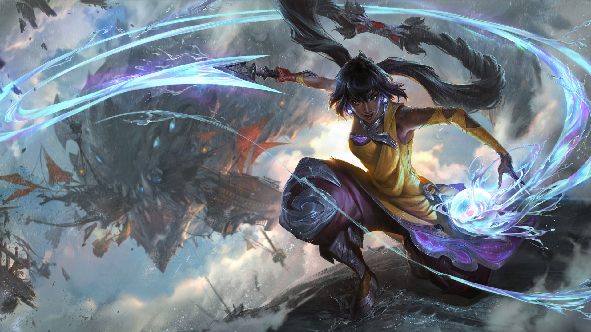 LoL State of the Game: Nilah&rsquo;s splash art showing her riding a wave and using a whip made of water