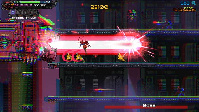 Ninja Issen screenshot, featuring a laser, ninjas, and pixel art.