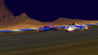Screenshot of Extreme G showing two futuristic G-bikes racing in a rocky landscape
