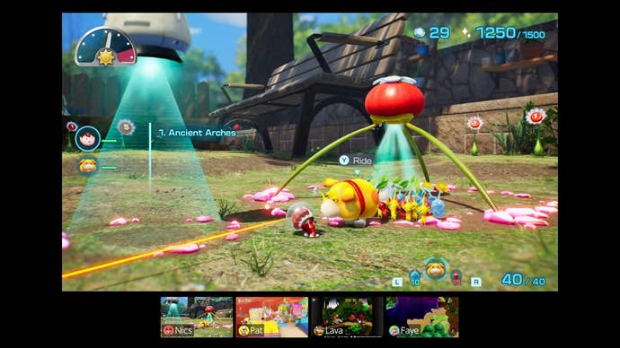 Nintendo Switch 2 screenshot showing people playing four different games, focusing on Pikmin 4