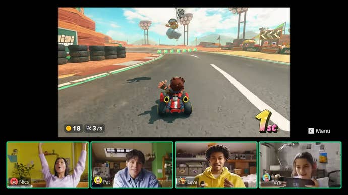 Nintendo Switch 2 screenshot showing four people playing Mario Kart World