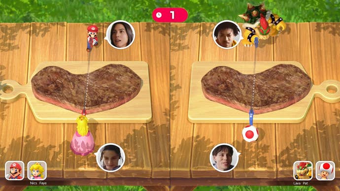 Nintendo Switch 2 screenshot showing people’s faces next to video game meat in Mario Party Jamboree