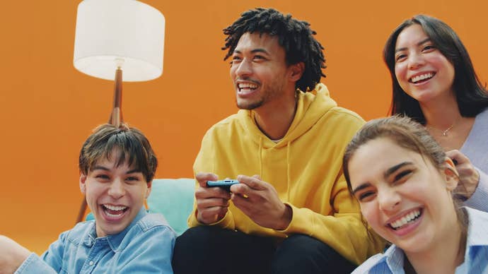 Nintendo Switch 2 direct screenshot showing four young people laughing while playing Switch 2
