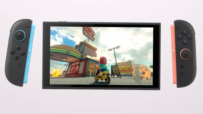 Screenshot of Switch 2 console with Mario Kart on-screen and controllers floating