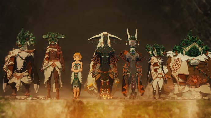 Hyrule Warriors: Age of Imprisonment screenshot showing a line up of multiple characters with Zelda in the middle