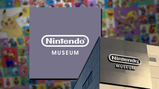 The Nintendo Museum logo, and the corner of the office buildig, overlaid above the Nintendo mural of many different Nintendo characters in the mural within the museum.