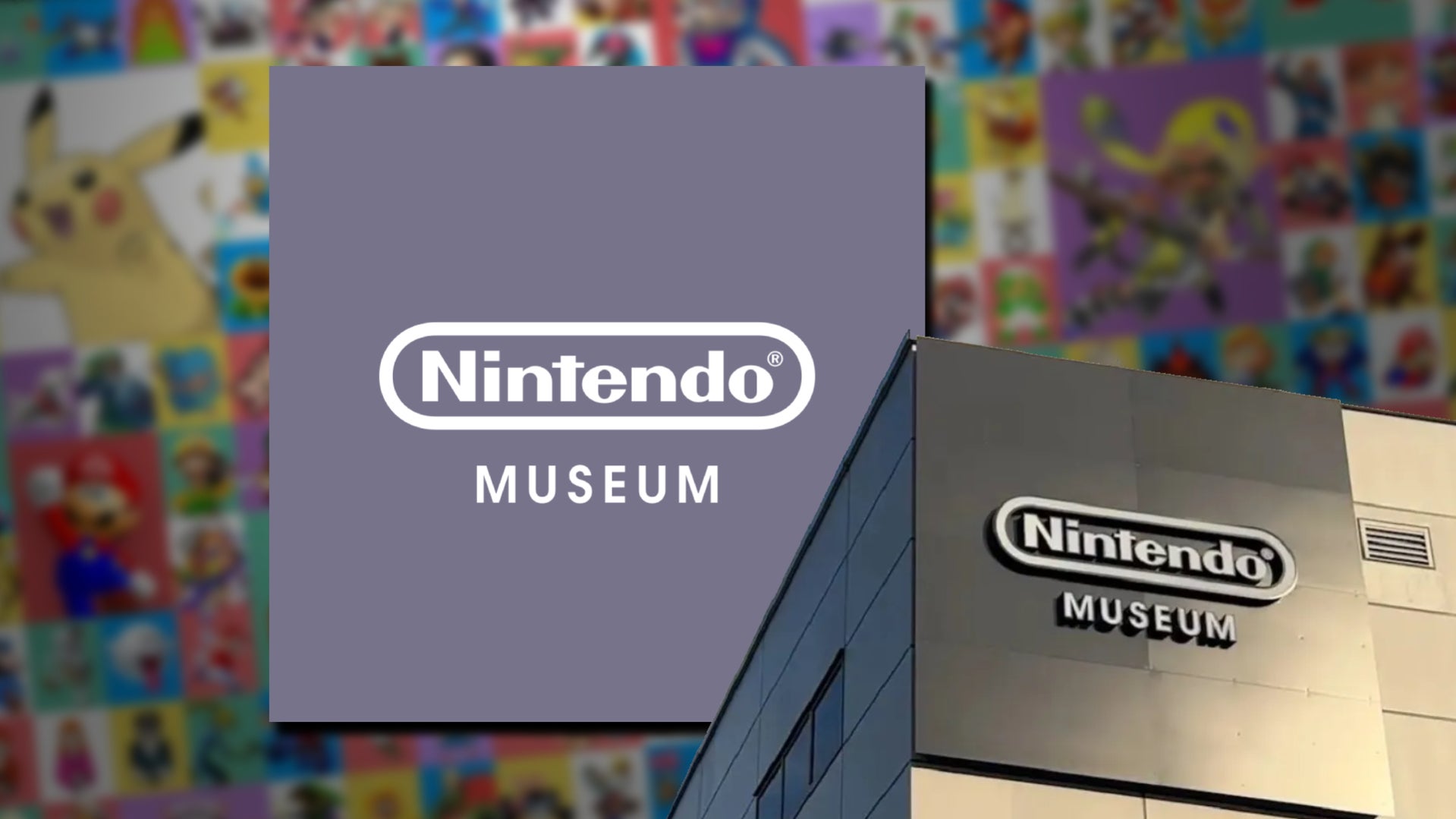 The Nintendo Museum logo, and the corner of the office buildig, overlaid above the Nintendo mural of many different Nintendo characters in the mural within the museum. - 1