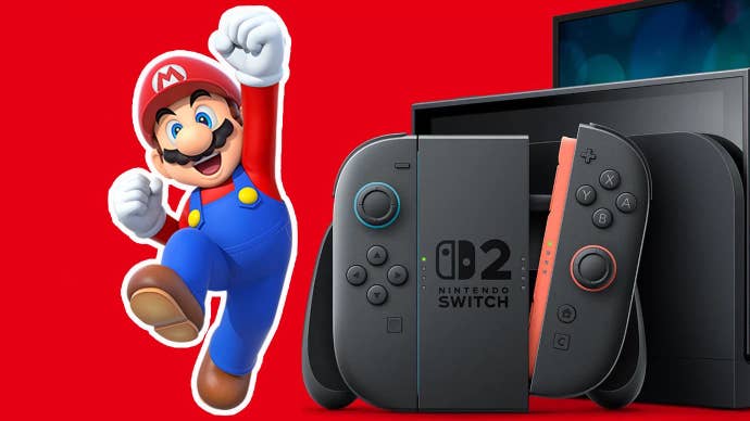 Mario punching the air in close proximity to a Switch 2.