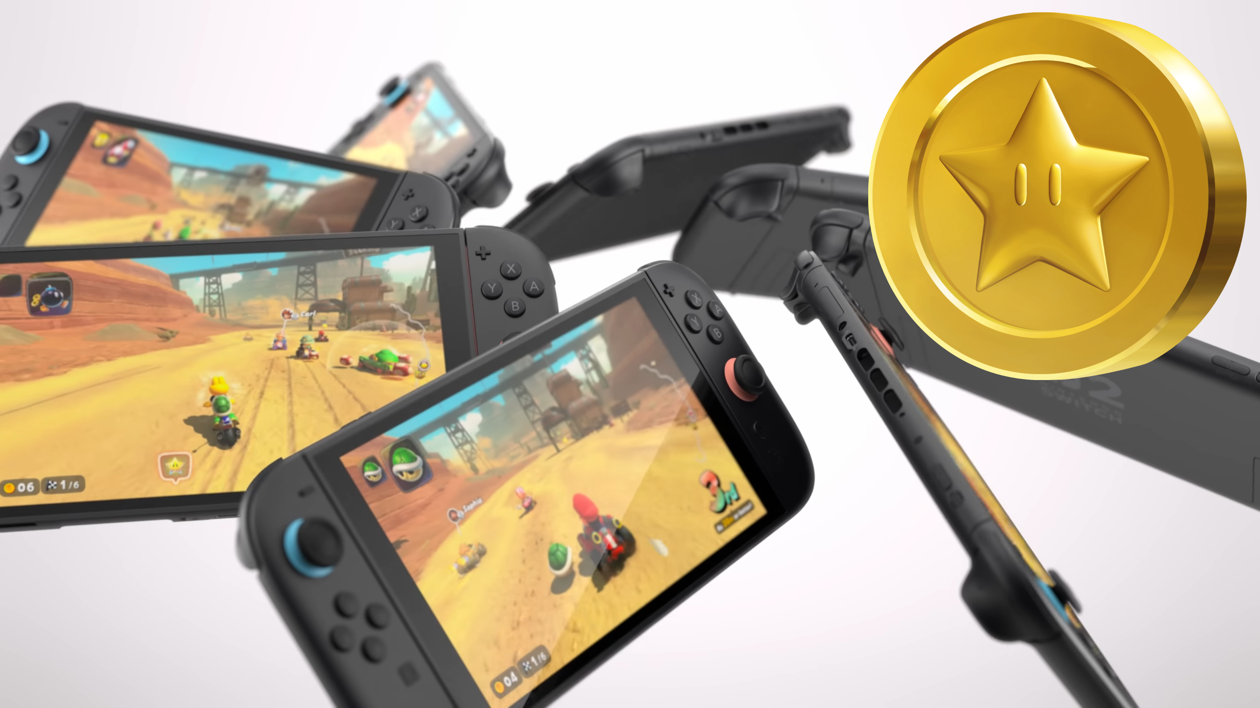 A swirl of Nintendo Switch 2 consoles with a golden star coin in the corner
