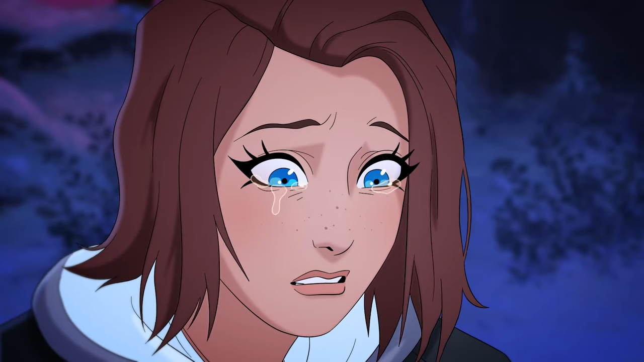 Life is Strange: Double Exposure animated trailer screenshot showing close up of Max with bright blue eyes crying