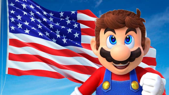 Nintendo mascot Mario looks pleased in front of an American flag