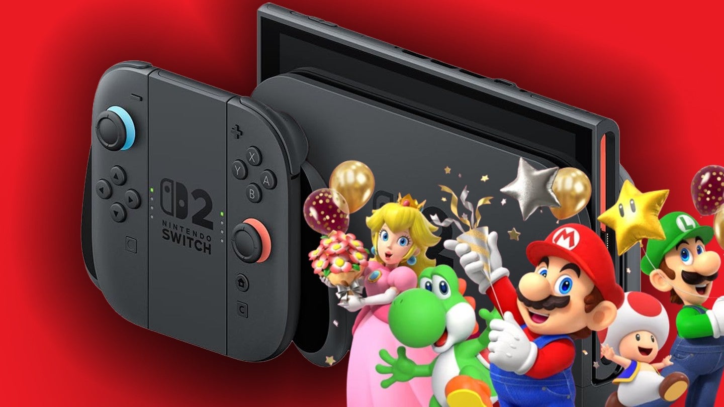Nintendo mascots such as Mario and Peach celebrate with balloons in front of a Switch 2 console on a red background