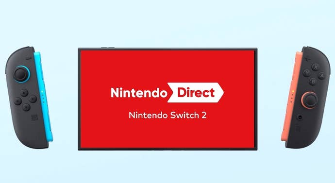 A product shot of the Nintendo Switch 2. It shows the Joy-Con separated from the main screen, on which the words “Nintendo Direct” can be seen.