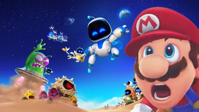 Nintendo’s Mario appears shocked while looking up at Astro Bot
