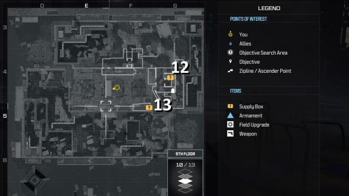 tactical map view of weapon supply box locations numbered on the highrise level
