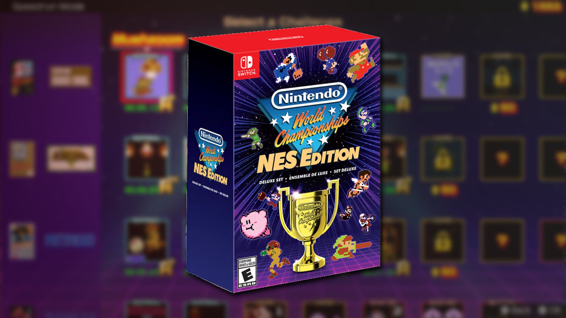The boxed version of Nintendo World Championships: NES Edition over a blurred screen of available levels in the title - 1