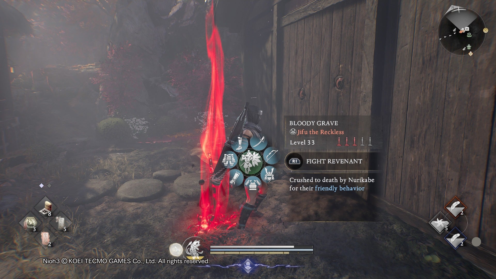 The player looks at the bloody grave of a Revenant beside a Nurikabe, the wall yokai, in Nioh 3.