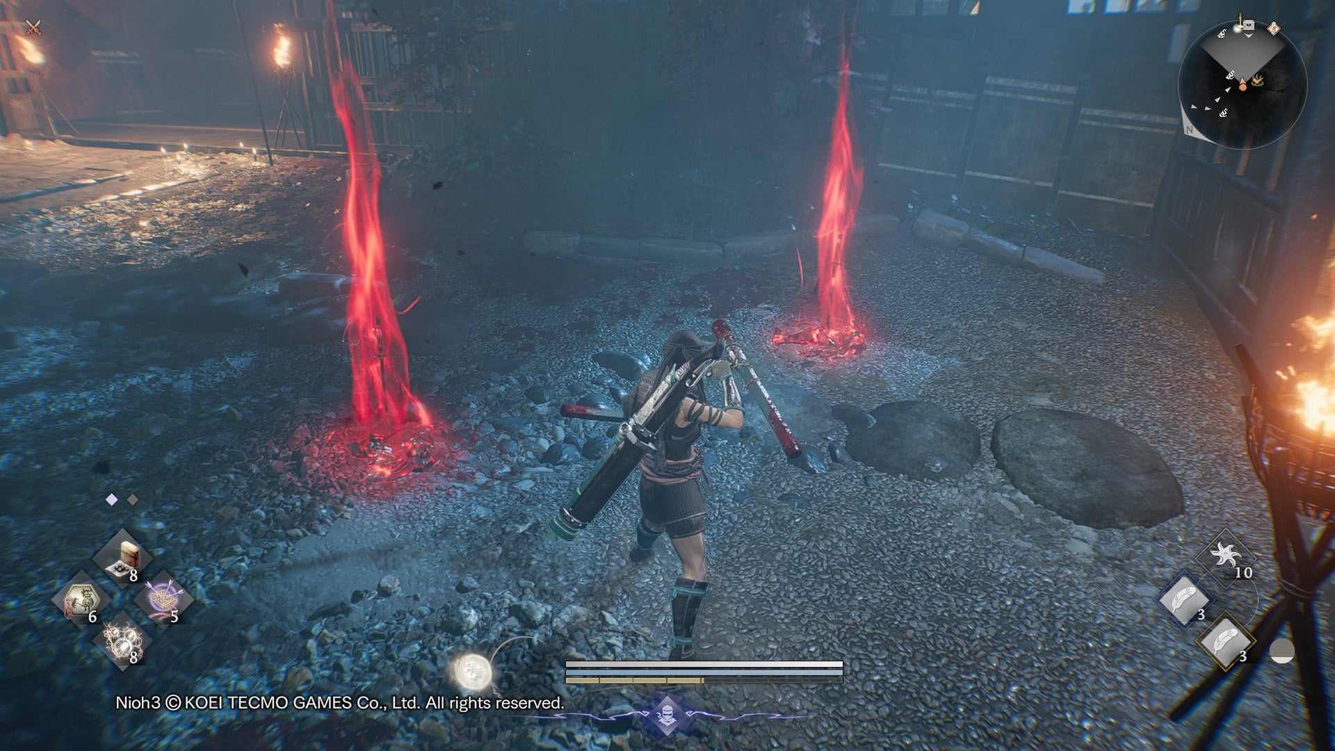 The player stands in front of two Revenant graves in Nioh 3.