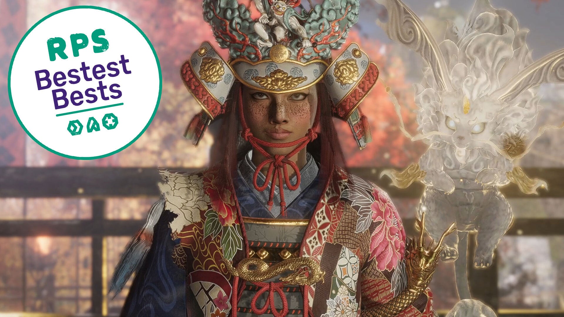 Nioh 3's Tokugawa Takechiyo wears floral samurai armour and stands alongside her Guardian Spirit, Kusanagi - proud bearers of an RPS 'Bestest Bests' sticker. - 1