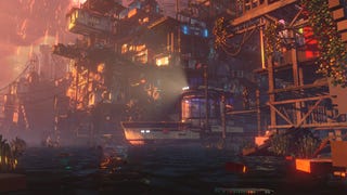 A boat heads out from the lovely Cyberpunk city in Nivalis