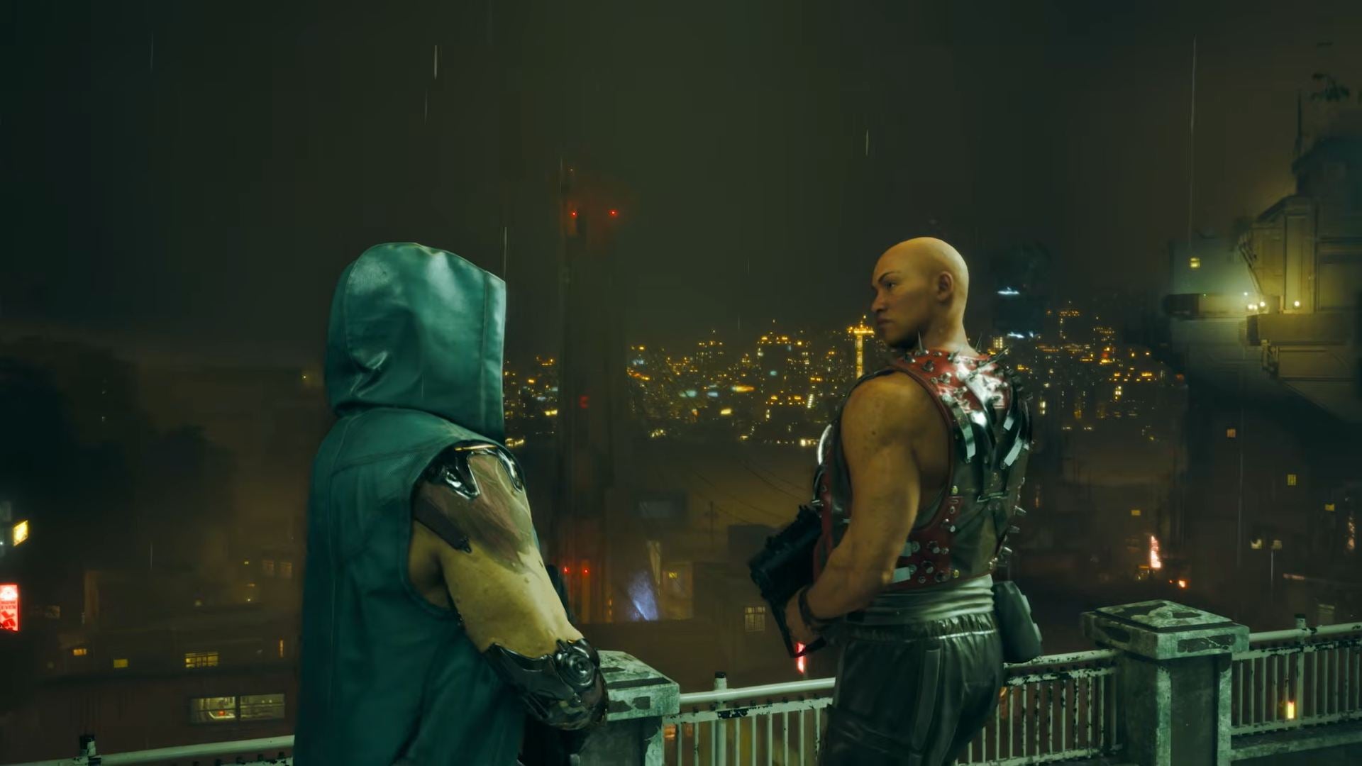 Two characters look out over the city in No Law