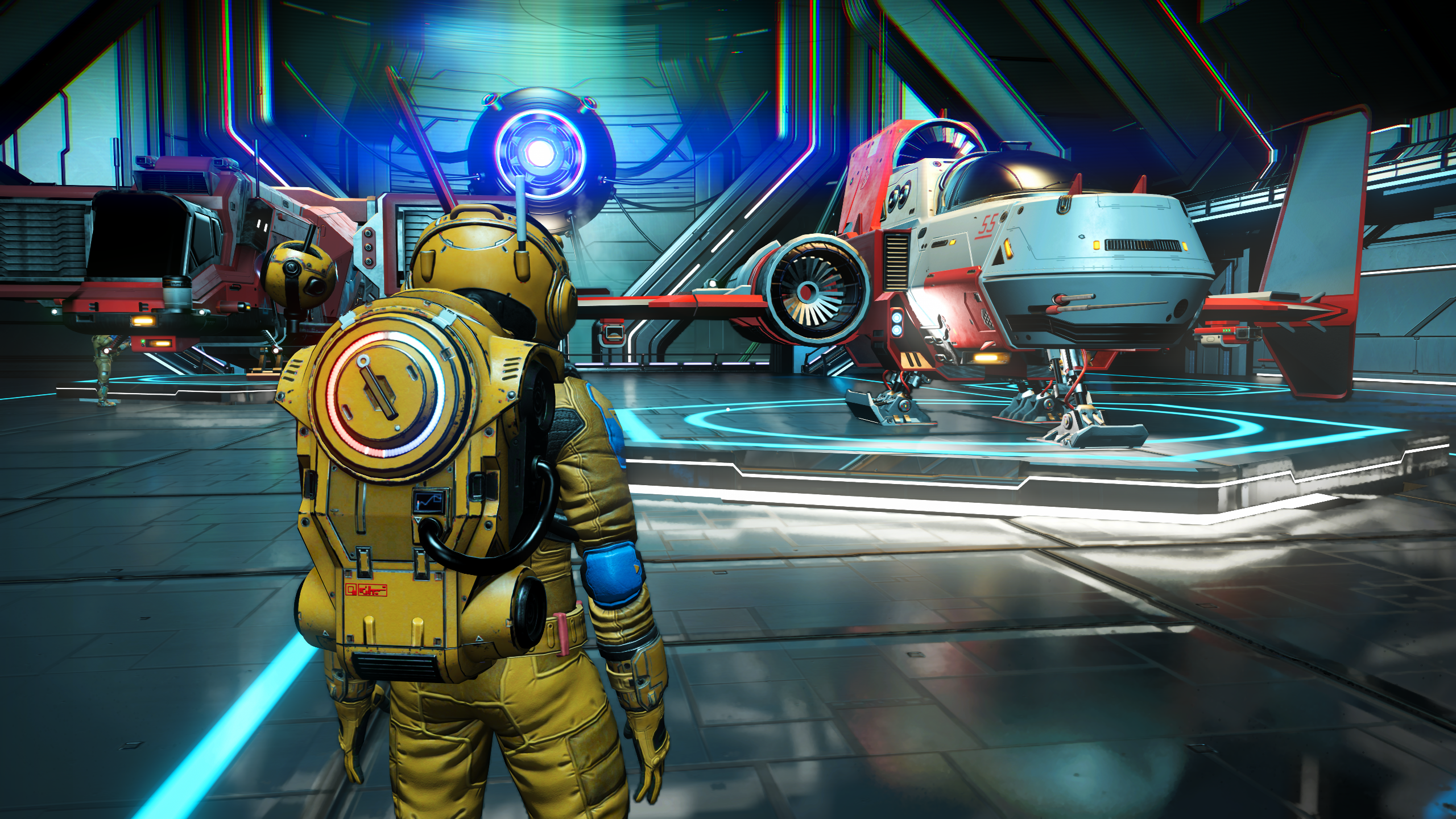 DLAA used in No Man&rsquo;s Sky. A spaceman stands in front of some spaceships within a hangar.