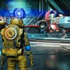 DLSS used in No Man’s Sky. A spaceman stands in front of some spaceships within a hangar.