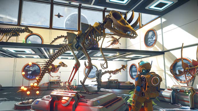 No Man’s Sky screenshot showing a player admiring a large creature skeleton assembled from prehistoric bones on display in their base.