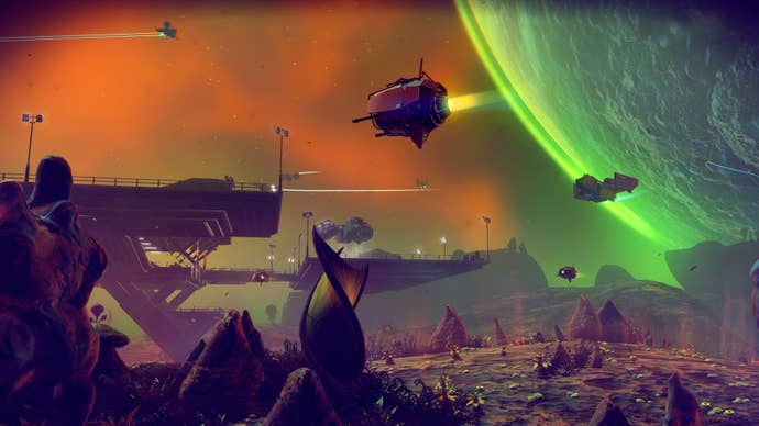 In this No Man’s Sky artwork, the planet and sky are orange, with a few spaceships flying off to a distant green planet that can be seen.