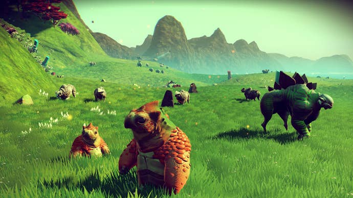 A lush, green world full of alien animals in No Man’s Sky