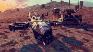 A No Man's Sky screenshot showing a Traveller stood on top of an Iron Vulture hauler ship in the middle of a desolate, rocky landscape.