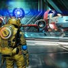 DLAA used in No Man's Sky. A spaceman stands in front of some spaceships within a hangar.