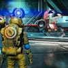 DLSS used in No Man's Sky. A spaceman stands in front of some spaceships within a hangar.