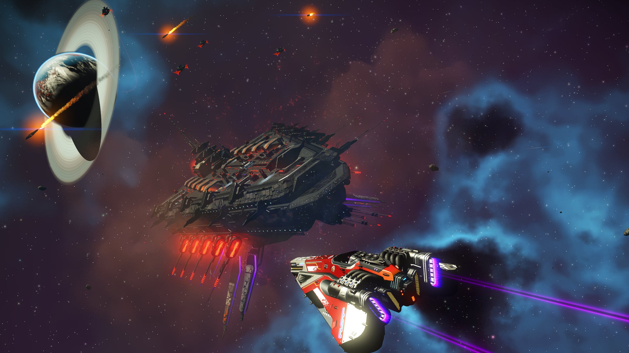 A No Man's Sky player in their spaceship, flying towards a huge pirate dreadnought with a ringed planet in the top left corner - 1