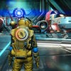 TAA used in No Man's Sky. A spaceman stands in front of some spaceships within a hangar.