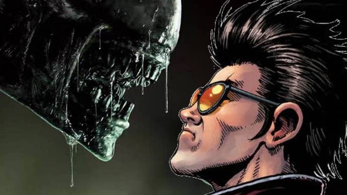 An image of the Alien from Alien staring at No More Heroes' Travis Touchdown