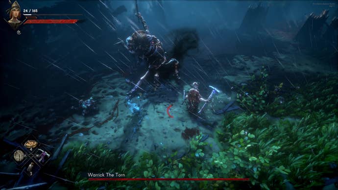 A woman fights a large spider mutant in a guard’s uniform at night in No Rest For The Wicked