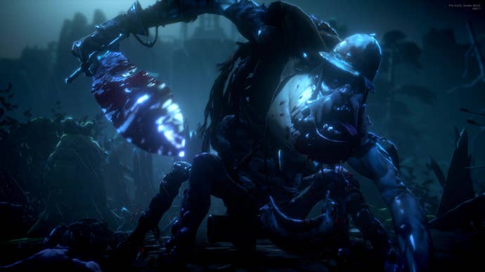 A bloated mutant with a large sword and helmet rushes toward the player in No Rest For The Wicked