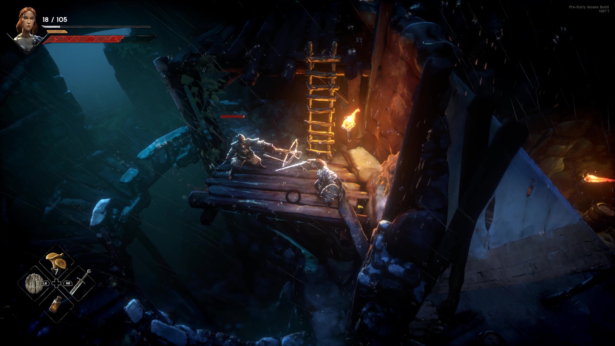 A woman fights an archer on a small wooden platform in No Rest For The Wicked - 6