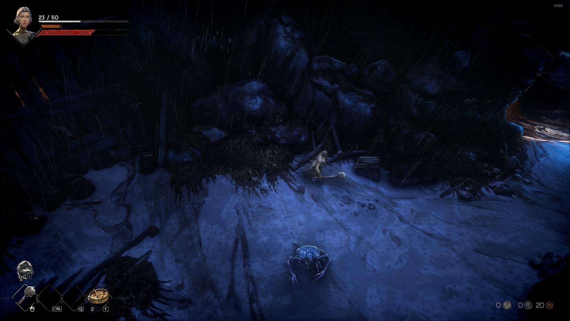 A No Rest for the Wicked screenshot showing a hapless adventurer in rags stranded on a rain-soaked beach.