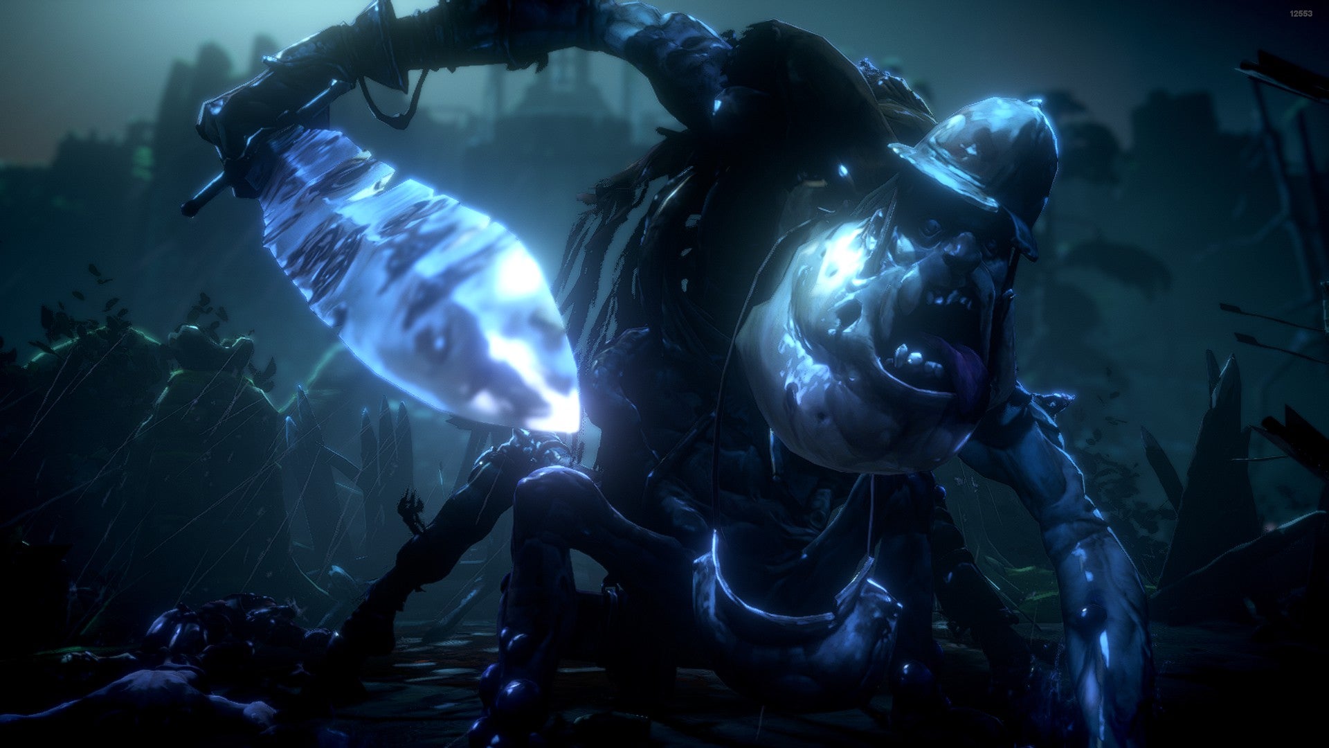 A No Rest for the Wicked screenshot showing an enormous mutated guardsman, his tongue lolling as his sword points towards the camera.