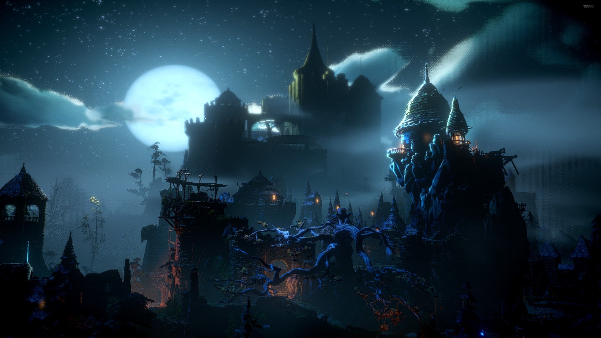 A No Rest for the Wicked screenshot showing a mist-shrouded city at night.