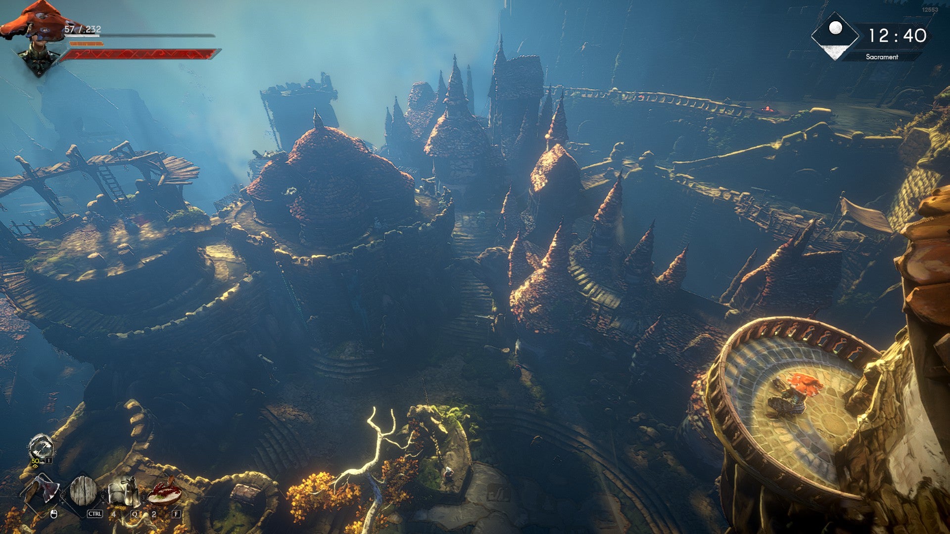 A No Rest for the Wicked screenshot showing a birds eye view of a city in the morning light, as our hero looks on from a balcony.