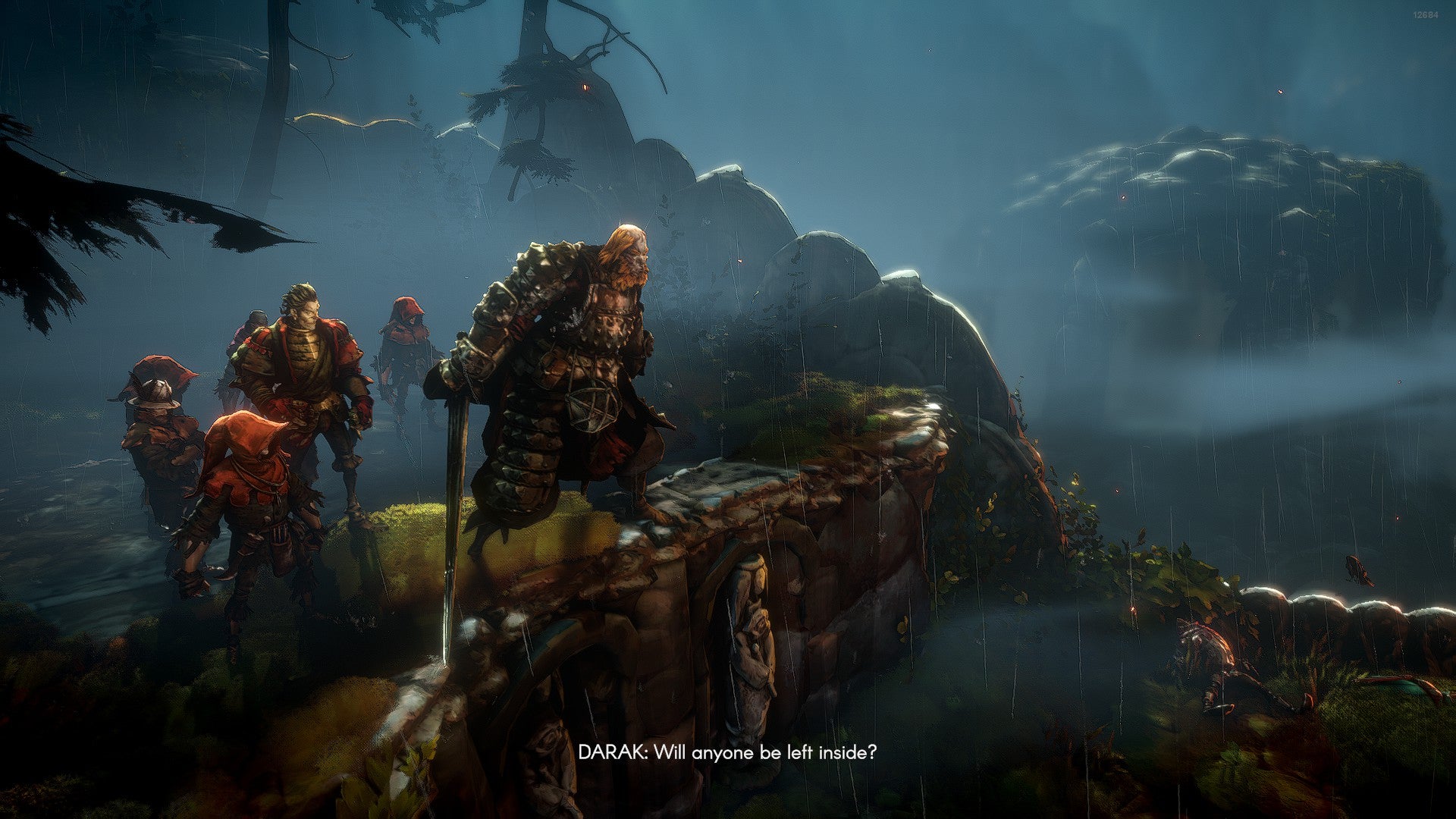 A No Rest for the Wicked screenshot showing a bandit leader and his minions.