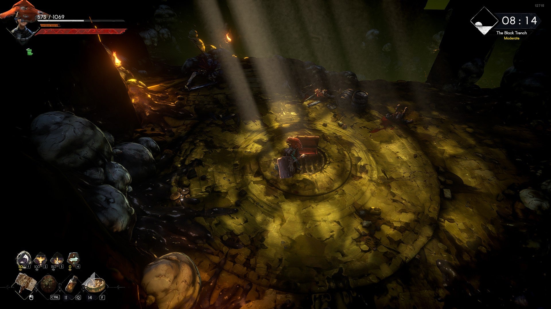 A No Rest for the Wicked screenshot showing our hero wielding a massive hammer as she retrieves loot from a chest in an ooze-caked sewer.